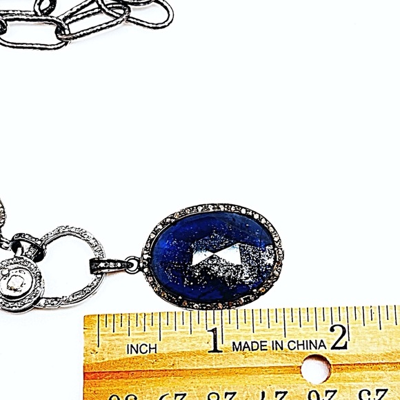 Diamond Sapphire Pendant on 36” Oxidized Sterling Paperclip Chain Diamond Clasp - Picture 8 of 10